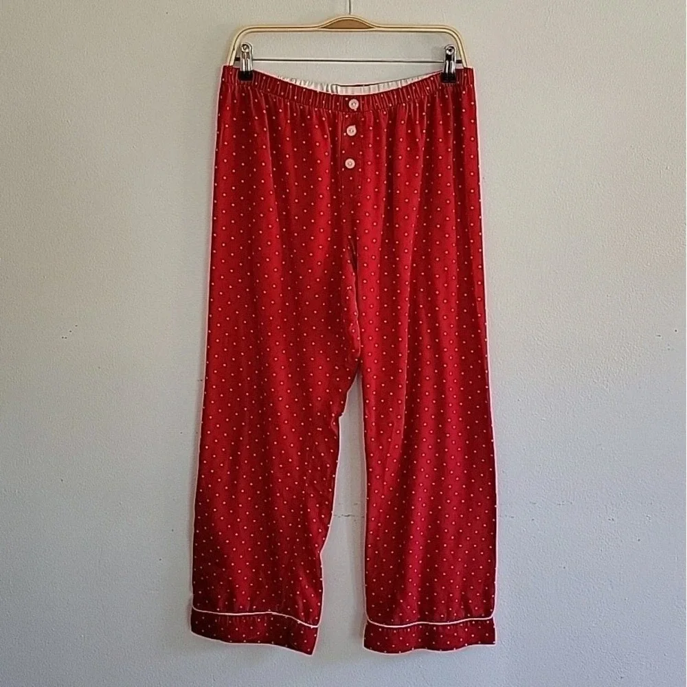 Lands End Flannel Pajama Pants Medium Red Polka Dot Casual Lounge Preppy Relaxed